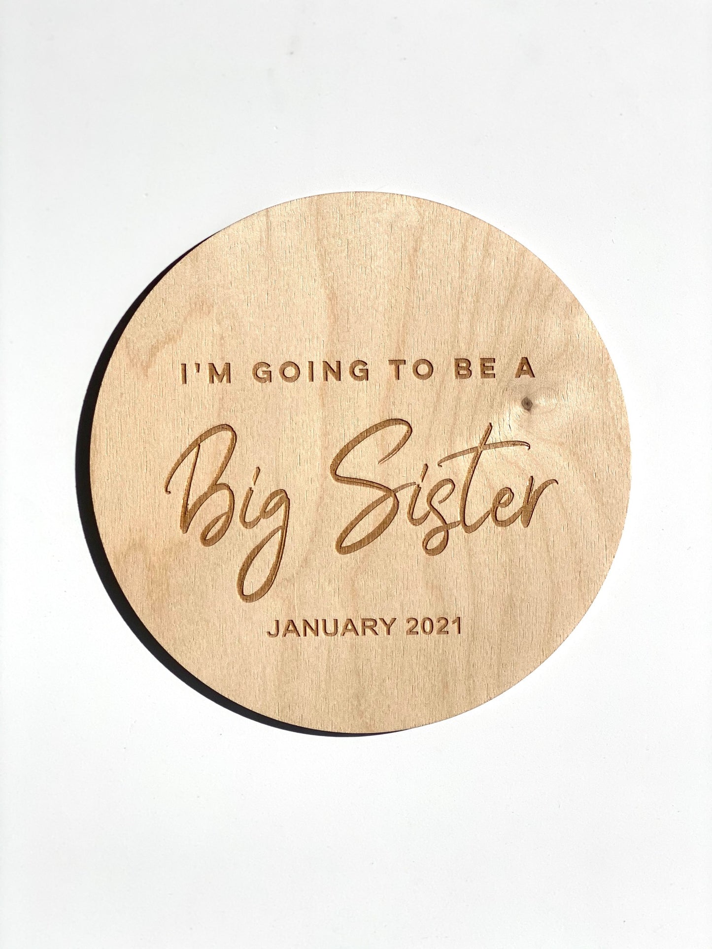 Custom engraved timber sibling announcement plaque