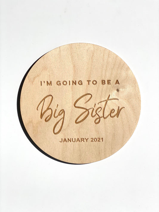 Custom engraved timber sibling announcement plaque