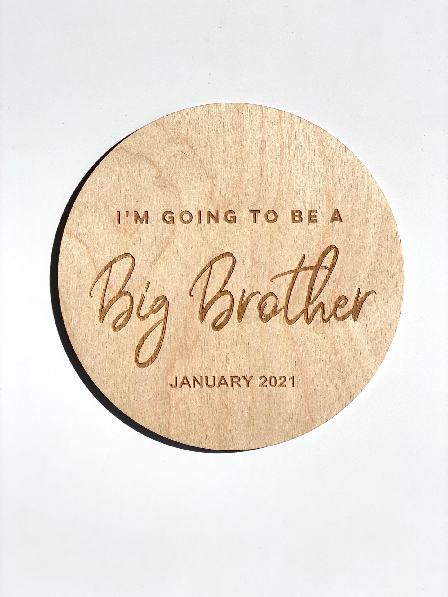 Custom engraved timber sibling announcement plaque